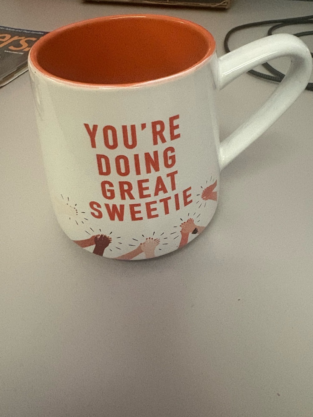 Inspirational White and Orange Ceramic Mug with Positive Message